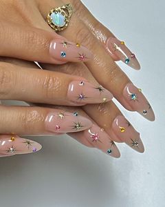 Lot <span class=keywords><strong>de</strong></span> 24 <span class=keywords><strong>faux</strong></span> ongles amande à presser, couleur nude, avec strass colorés et motif étoile, réutilisables en ABS, avec colle, pour femmes, style Y2K - Vente chaude - Product Image 5
