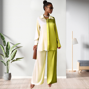 Color Spliced Shirt Wide Leg <b>Pants</b> Loungewear 2-piece Set Women Fashion - Product Image 2