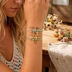 สร้อยข้อมือแบบไขว้ชุบทองสร้อยข้อมือลูกปัดหินธรรมชาติสำหรับผู้หญิงเครื่องประดับแฟชั่นทางศาสนา - Product Image 3