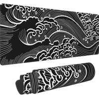 Tapis de souris de jeu grand format noir et blanc, tapis de souris XL, tapis de bureau long pour clavier, motif vague de mer d'anime japonais