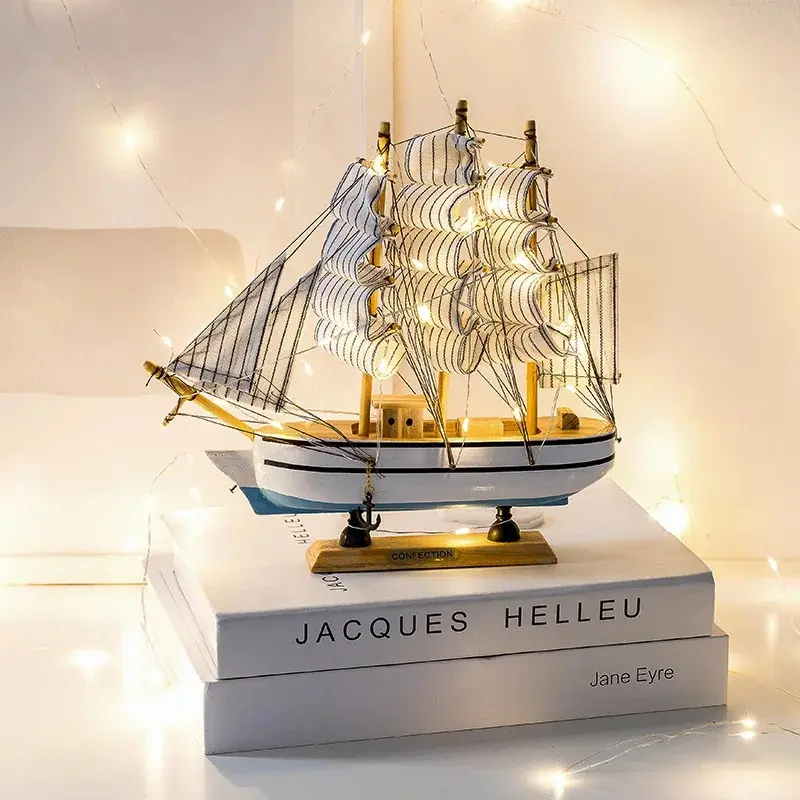 Barco de vela de fábrica, barcos artesanales de mar, modelo de velero de madera con luz, decoración del hogar, regalo único, adorno Mediterráneo personalizado