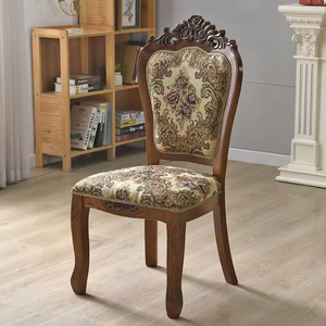 Chaise de salle à manger en bois massif sculpté, dossier en tissu, accoudoirs, design moderne, durable, stable, motif floral américain, appartement, villa - Product Image 2