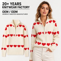 OEM Dames Aprikoskleurige Hartpatroon V-hals Kwartrits Geribbelde Breiwerk Trui Koreaanse Loose Fit Valentijnsdag Casual Pullover