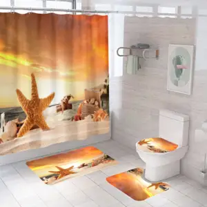 ستارة حمام ، طباعة رقمية ، مجموعة من أربع قطع, ستارة رأس على شكل نجم البحر والشاطيء والصيف ، مصممة حسب الطلب