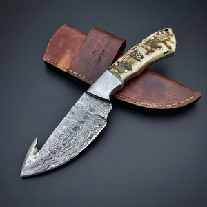Couteau à lame fixe en acier Damas fait main, pointe tombante, crochet à viande, manche en corne de cerf, pour camping, chasse, extérieur - Product Image 1
