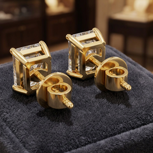 Yellow Gold 18K Solid Gold Lab Grown Emerald Cut Filled Diamond Stud Earrings Bezel Set Screw <b>Back</b> Plated Classic Women's - Product Image 3