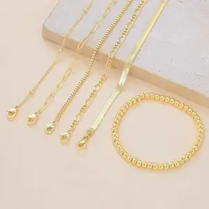 Waterproof 18K True Gold Plated Beaded Figaro Herringbone Paper Clip Chain Link Bracelet Stacked Fashion Jewelry Bracelet