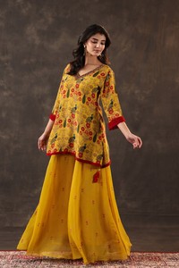 Mustard Floral Printed <b>Kurti</b> Palazzo Set Embroidered V Neck Ethnic Festive Casual Traditional Outfit <b>Women</b> - Product Image 3