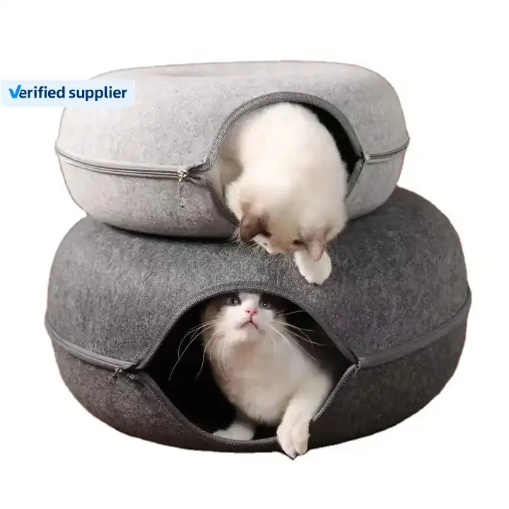 2023 New Hot Manufacturer Wholesale Luxury Creative Double-storey Donuts Shape Felt Round Tunnel Pet Cat Bed House for play