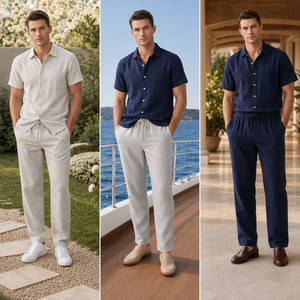 Completo Estivo da <span class=keywords><strong>Uomo</strong></span> Casual <span class=keywords><strong>di</strong></span> Alta Qualità, Morbido e Fresco, Tinto in Capo, Due Pezzi: Camicia e Pantaloni - Product Image 3
