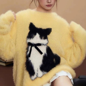 2024 Spring New Arrival <strong>Women's</strong> Crew Neck Long Sleeve Jacquard Soft Sweater <strong>Jumper</strong> Casual Style Cartoon <strong>Cat</strong> Animal Design - Product Image 6