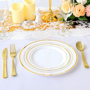 Juego de Vajilla Desechable de 7 y 10 Pulgadas Directo de Fábrica con Platos de Plástico con Borde Dorado Modelo 007 Estilo Americano; Apto para Alimentos - Product Image 3