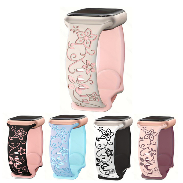 Dual Color Silicone Laser Carved Flower Watch Band for apple Watch Strap for Apple Watch Series 11 10 9 8 7 6 5 4 3 SE Ultra 2 3
