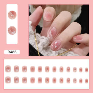 Faux ongles R486 à presser, courts, rose poudré, pailletés, en acrylique, pour femmes, vente en gros, prêts à porter - Product Image 2