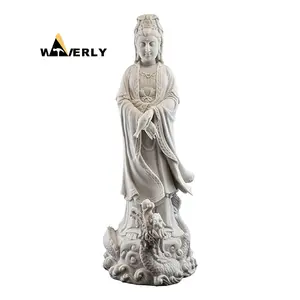Custom Hand Carved Natural Stone Carving Large Kwan Yin Guan Yin Buddha Statues White Marble Guanyin And Dragon Statue Sculpture