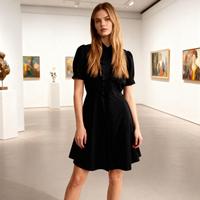 Robe chemise élégante pour femme, en polyester et coton noir, manches courtes, taille mi-haute, pour l'été