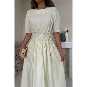 <b>Yellow</b> A-Line Poplin <b>Dress</b> Elastic Waist O-Neck Breathable Casual Daily Wear - Product Image 2