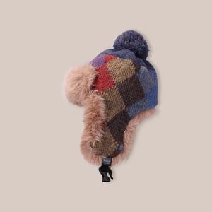 Hombres Mujeres Plaid Knitted Pilot Hat Winter Faux Fur Hunter's Cap Outdoor Warm Thick Earprotector Headgear Venta al por mayor - Product Image 5