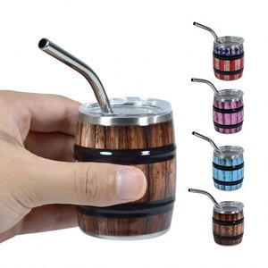 Wood-grain Wood Barrel-shaped Beer Cup Made of Stainless Steel with a Straw Coffee Mug - Product Image 3