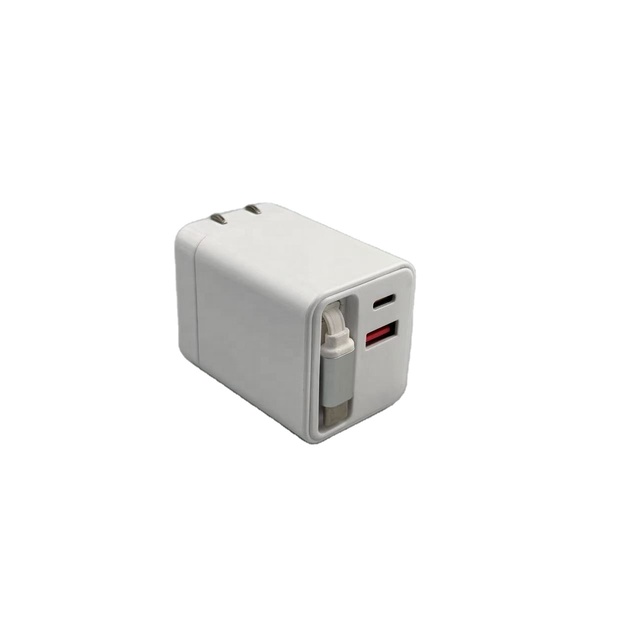 30W GaN USB-C Fast Charging Adapter Dual Port Laptop & Cell Phone PD QC3.0 Travel Charger Retractable Type C Cable US Pin