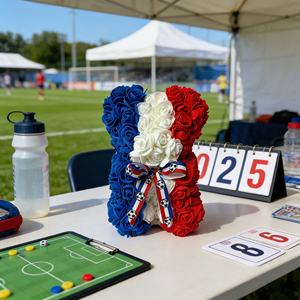 Ours en fleurs artificielles en PE fait main, thème France, avec ruban de football, logo personnalisé acceptable, vente en gros - Product Image 1