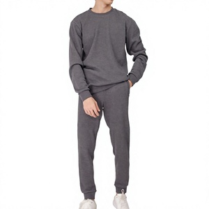Ensemble de sweat-shirt en coton gris uni pour homme, col rond, pull-over, pantalon de jogging, coupe régulière, vêtements décontractés d'automne, tissu tricoté respirant - Product Image 1