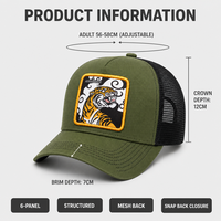 Casquette de baseball 5 panneaux en maille brodée motif animal, style trucker, séchage rapide, unisexe, réglable, toutes saisons, vente en gros