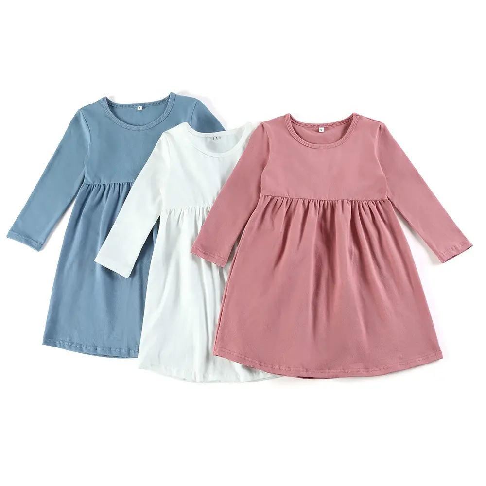 2020 fall winter long sleeve monogram simple design little girls kids boutique solid blank cotton toddler dresses