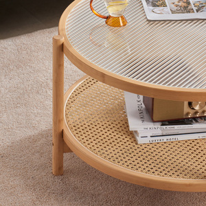Round Coffee <b>Table</b> With <b>Rattan</b> Shelf Tempered Glass Top Solid Wood Frame Living Room Furniture <b>Small</b> Apartment Use - Product Image 4