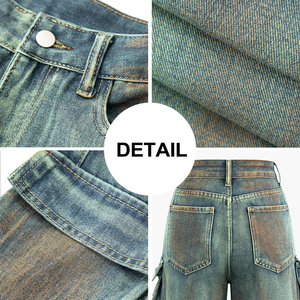 Yüksek Bel <span class=keywords><strong>Vintage</strong></span> Eskitme Efektli Erkek Kot Pantolon Çok Cepli Kişiselleştirilmiş Tasarım Hip Hop Özel Logolu Erkek Kot Pantolonu - Product Image 6