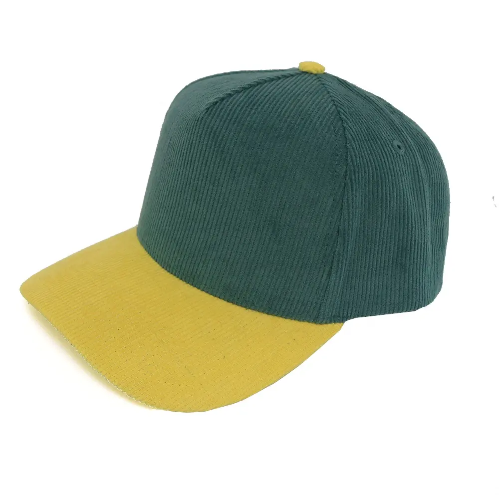 High Quality Contrast Color Yellow And Green 5 Panel Corduroy Baseball Caps And Hats With Your Own Logo