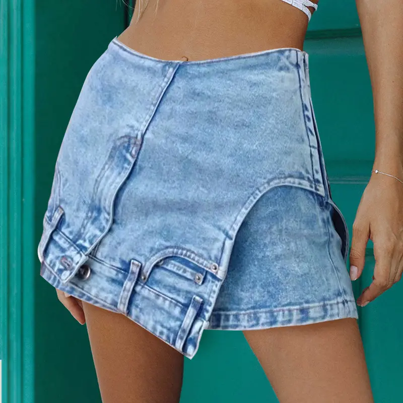 Wholesale summer fashion skinny denim short pants high waist asymmetric distressed blue jean shorts women