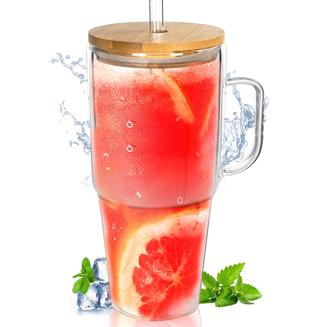 Glass Cups with Lids - 32Oz/40 Oz Tumbler with Handle and Straw Glass Bottles Drinking Glasses with Straws Smoothie Tumbler