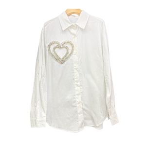 Camisa Negra de Manga Larga para Mujer con Botones y Aplique de Doble Corazón, Corte Holgado, Estilo Casual, Cuello Camisero, Manga Larga - Product Image 2