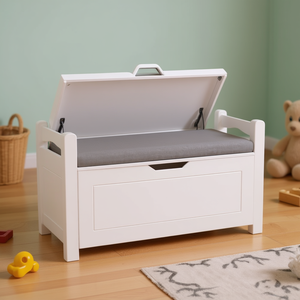 Banc de rangement rectangulaire en bois blanc pour enfants avec coussin et couvercle rabattable pour chambre d'enfant ou salle de jeux - Product Image 2