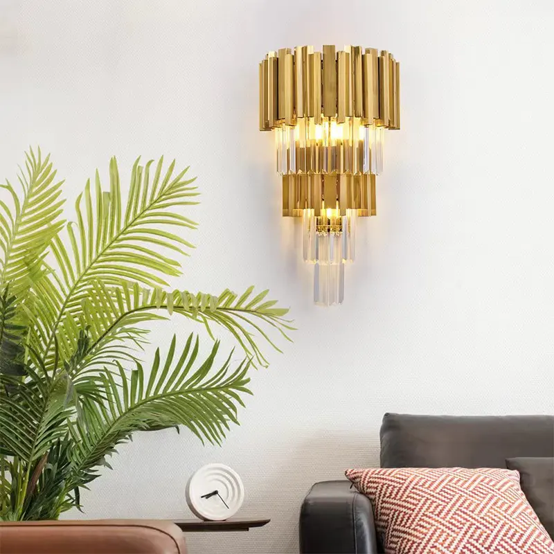 Luminária de parede de cristal de aço inoxidável LED para decoração de casa, luminária de luxo moderna e decorativa para interiores de quartos