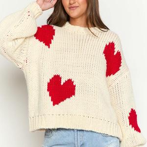 OEM & ODM Hàng Dệt Kim Nhà Máy Tùy Chỉnh Của Phụ Nữ Jacquard Intarsia Kem Chunky Đan Quá Khổ Dễ Thương Màu Đỏ Tình Yêu Trái Tim Áo Len Phụ Nữ - Product Image 1