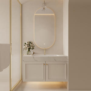 Mueble de Baño Estilo Francés con Encimera de Losa Blanca, Espejo Inteligente Ovalado e Iluminado, Combinación de Gabinetes - Product Image 1