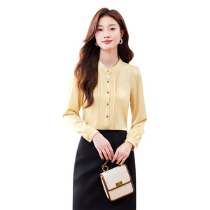 Women's Yellow Chiffon Blouse Long Sleeve <b>Button</b> Front Office Wear Solid Color Polyester Top - Product Image 5