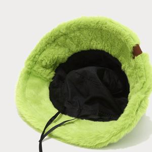 Hot Selling Women Lady Winter Fuzzy Furry Bucket <b>Hat</b> with Custom Logo Vegan Suede Leather Label - Product Image 4