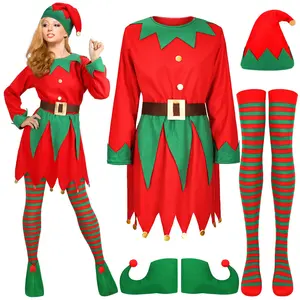 Natal Elf Mulheres Menina Trajes Vestido de Manga Longa e Cinto Chapéu Sapatos Meias Listradas para Festa Role-playing Cosplay