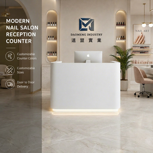 Factory Custom Modern Oval Wood Reception Desk with LED Logo <b>Light</b> for Beauty Salon Hair Salon & Barbershop - Product Image 1
