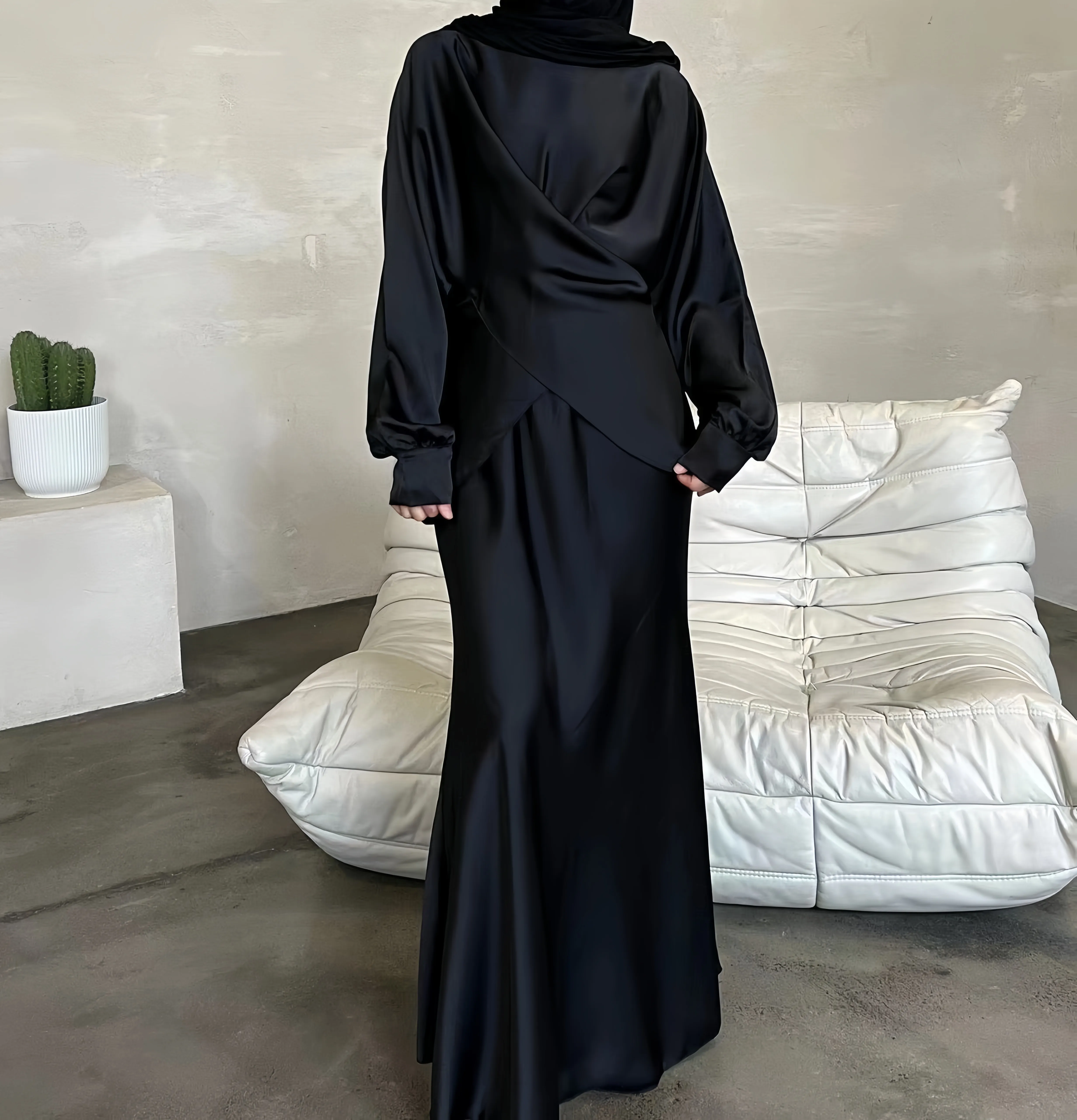 Groothandel Lange Mouwen Twee Stuks Maxi Rok Islamic Kleding Dubai Moslim Femme Satijn Effen Kleur Abaya Hoge Kwaliteit Dubai Jurk
