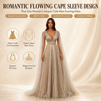 Robe de soirée longue en tulle à sequins grande taille, col en V profond, manches cape, pour banquet et soirée formelle