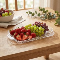 Groothandel rechthoekige amber glazen serveerschaal met handgrepen, gegraveerd geometrisch fruitplateau voor thuis, bruiloft, op maat gemaakte kleur en formaat