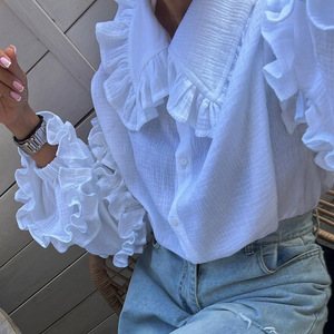 <span class=keywords><strong>Camicia</strong></span> da donna alla moda in stile coreano, primaverile, con volant, <span class=keywords><strong>maniche</strong></span> lunghe <span class=keywords><strong>a</strong></span> <span class=keywords><strong>palloncino</strong></span>, in cotone bianco - Product Image 3