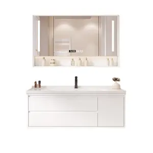 Akıllı anti-sisleme banyo mobilyaları dokunmatik ekran ayna ile Modern duvara monte lavabo lüks seramik lavabo Vanity kabine