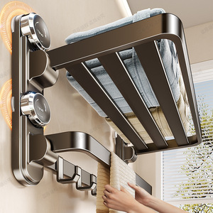 Estante de almacenamiento plegable de pared para baño con 2 barras y toallero de succión en gris plomizo Blue Vine - Product Image 4