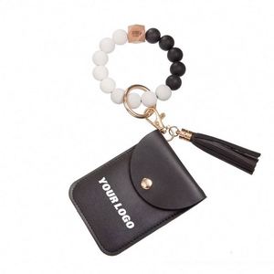 2025 New Plain Silicone Beads Bracelet Pu Card Holder With Women's Wallet Leather Tassel <b>Key</b> <b>Chain</b> Custom Promotional Gifts - Product Image 1