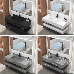 Meuble-lavabo de salle de bain personnalisé avec lavabo en pierre frittée gris effet roche, évier en céramique intelligent à <span class=keywords><strong>LED</strong></span> et plateau en marbre à deux couches - Product Image 6